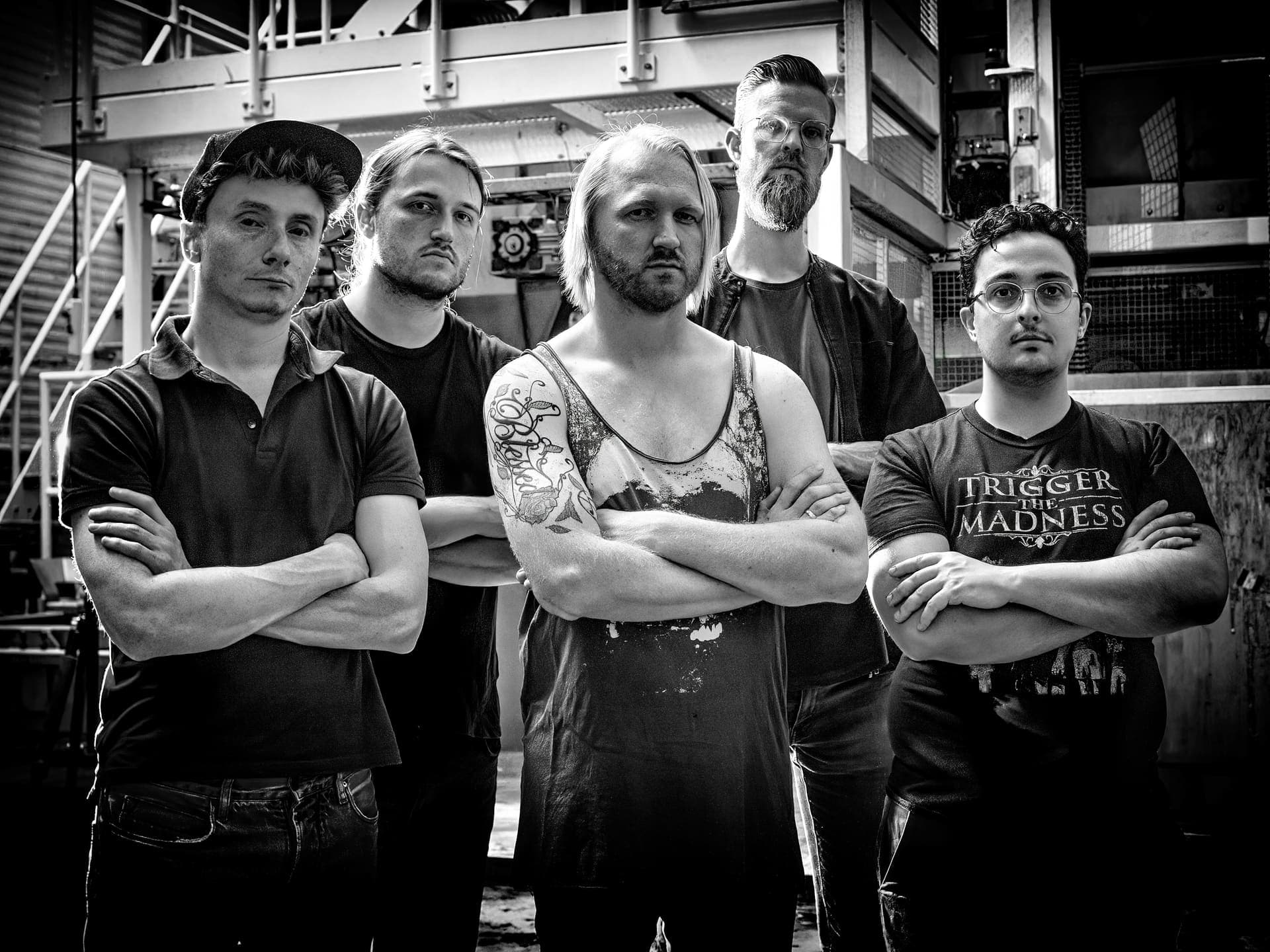 Seven Spirits Burning band portrait, industrial backdrop